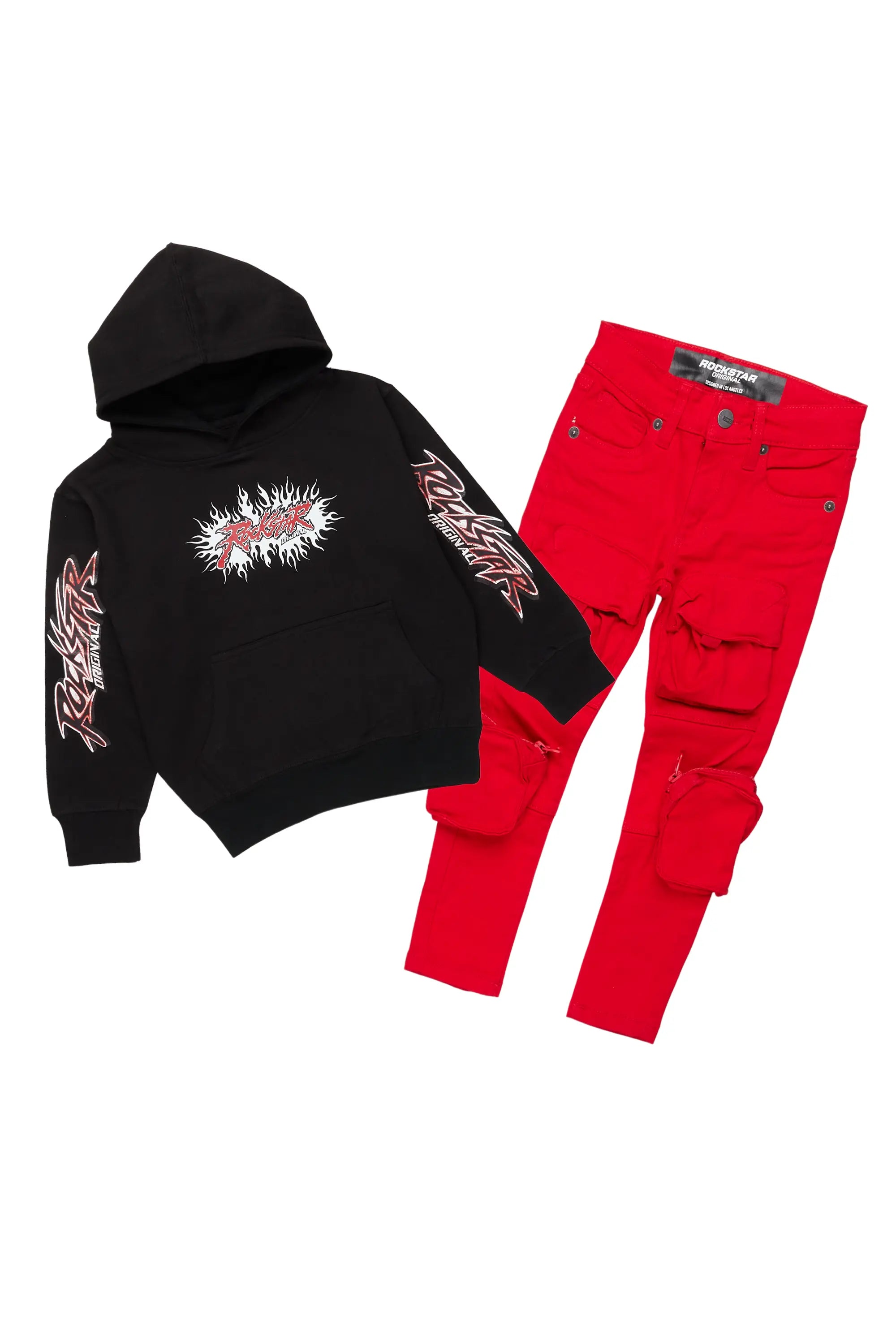 Boys Tidus Black Hoodie/Red Jean Set