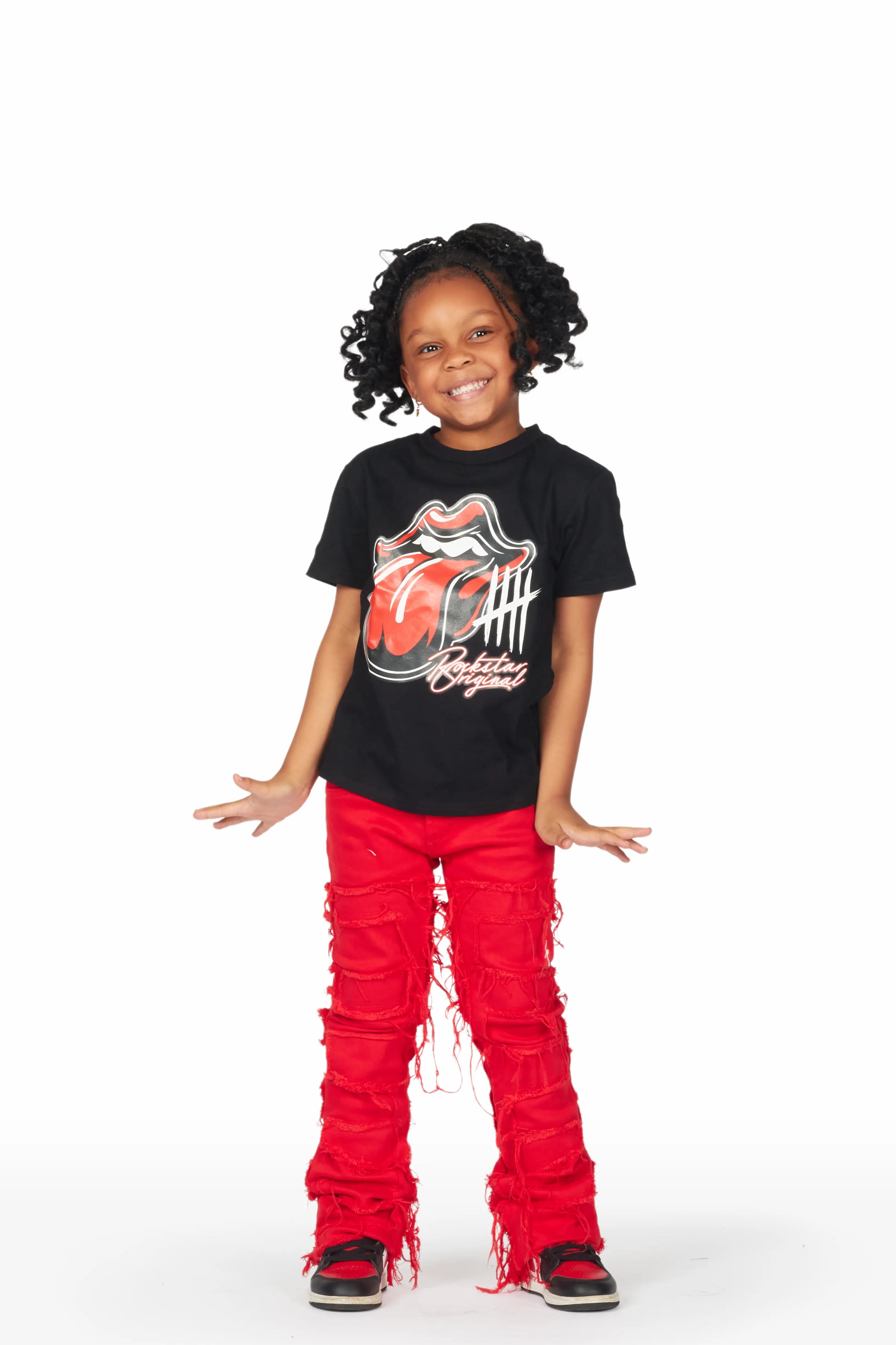 Girls Luna Black/Red T-Shirt/Stacked Flare Jean Set