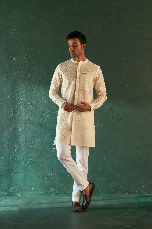 Men's White Chevron Front Placket Kurta With Pant - Set of 2