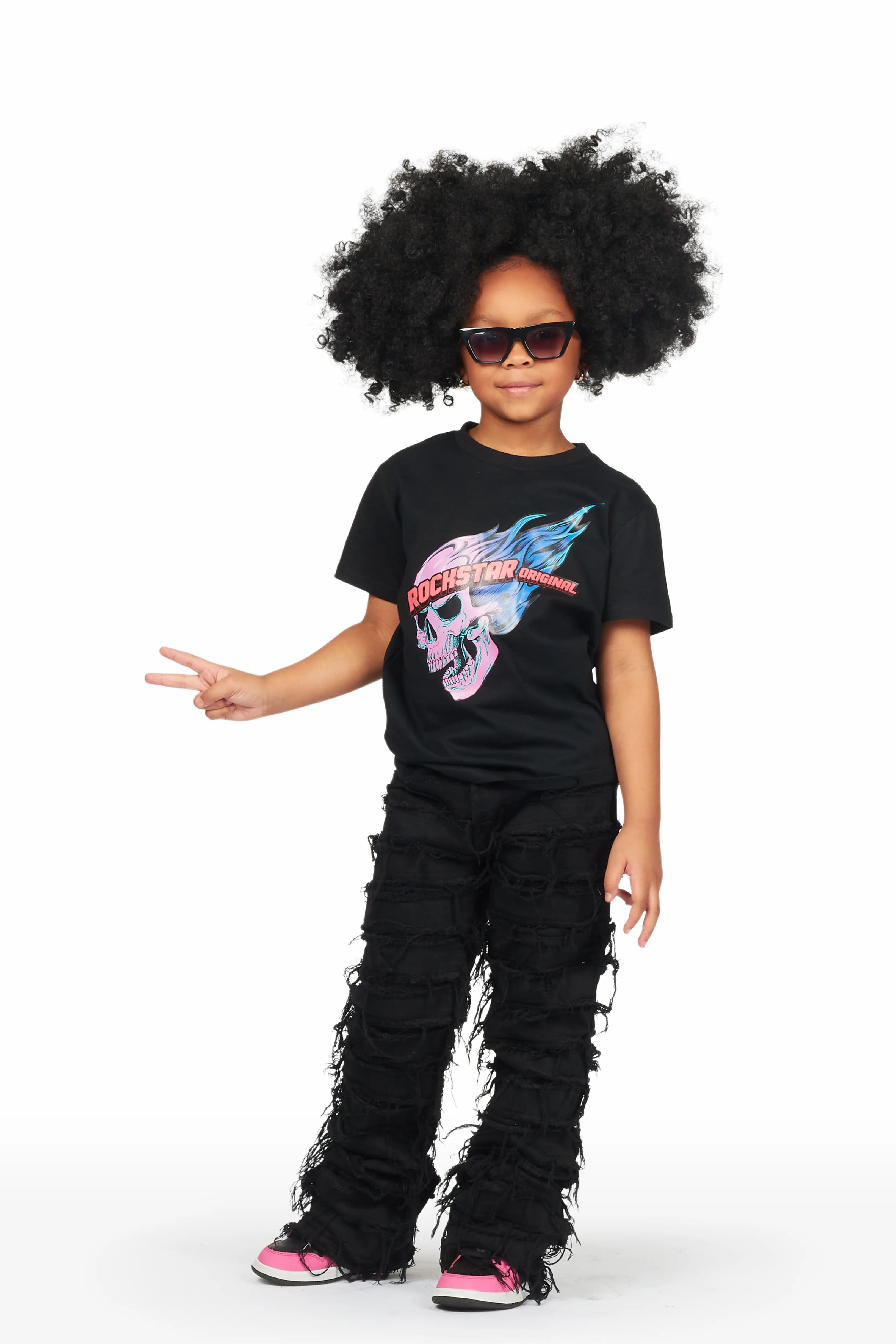 Girls Ava Black T-Shirt/Stacked Flare Jean Set