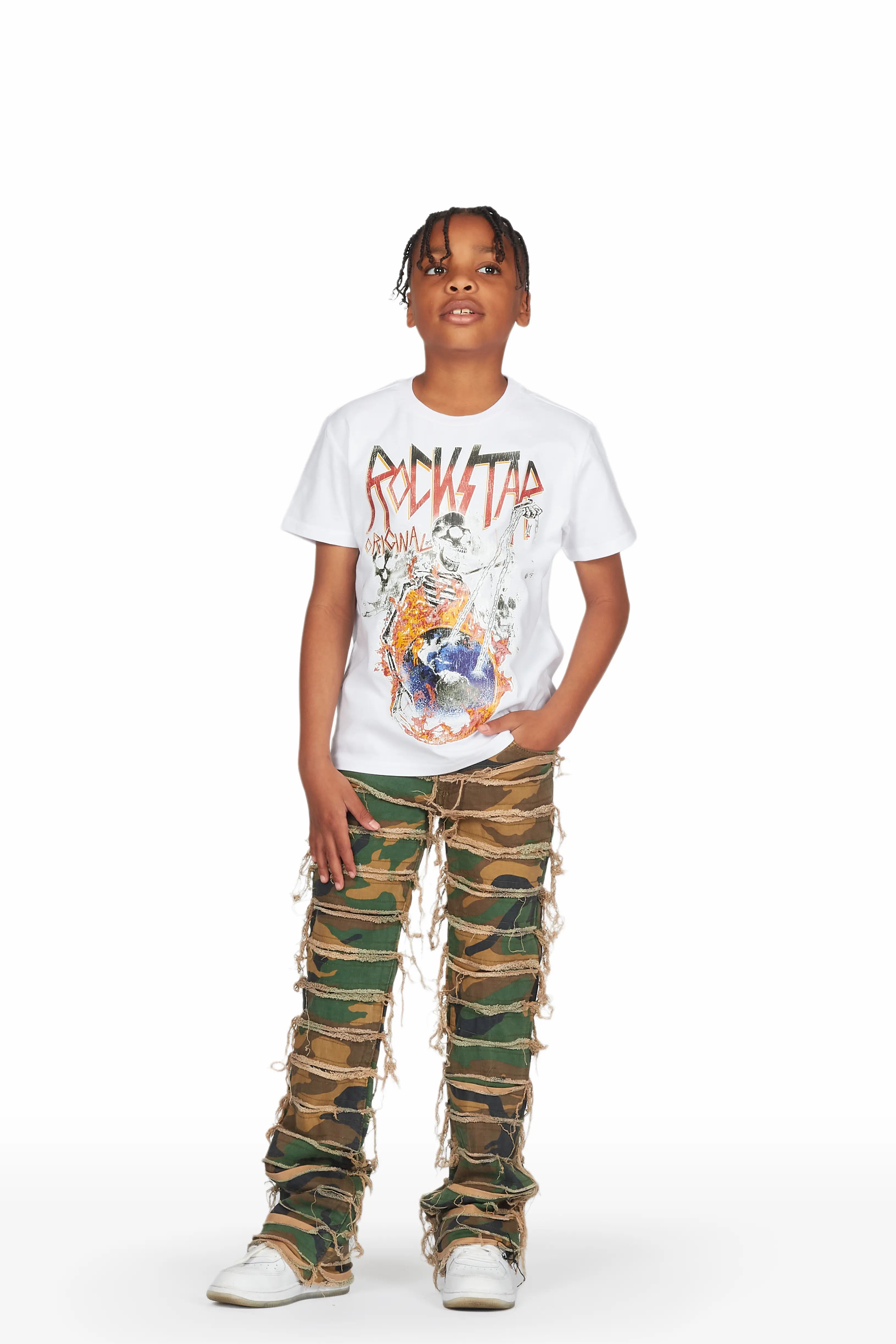 Boys Barrett Camo/White T-Shirt/Stacked Flare Jean Set