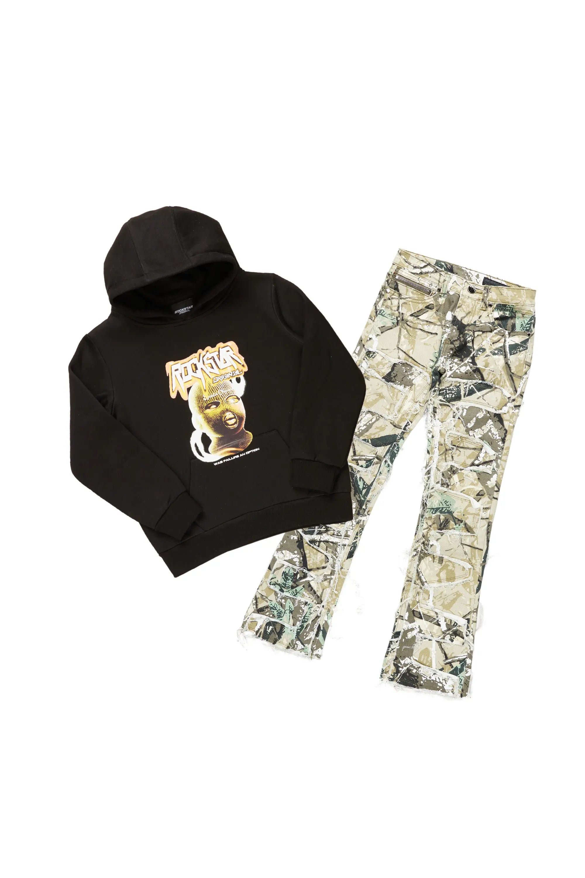 Boys Bobby Black Hoodie/Camo Stacked Flare Jean