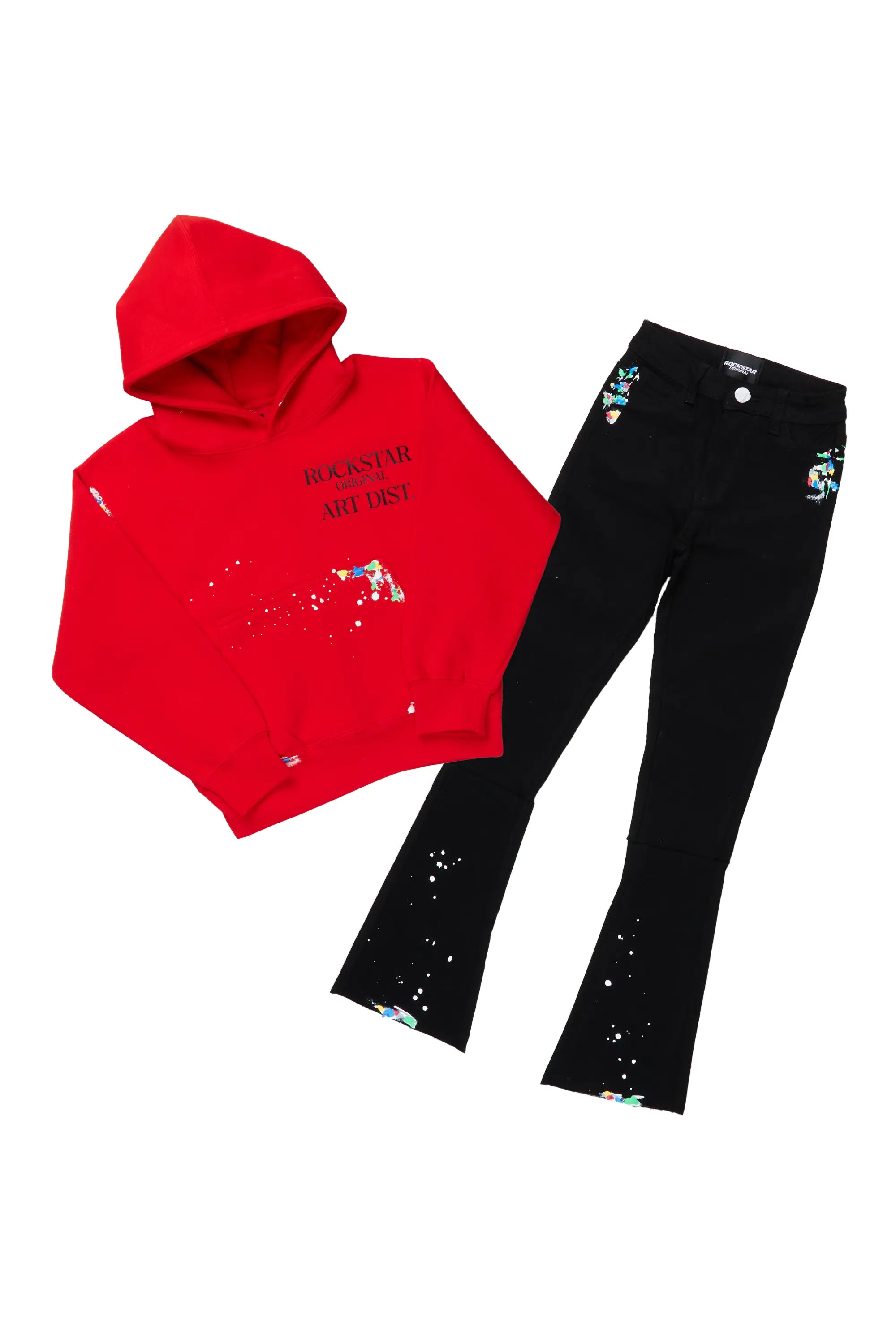 Boys Palmer Red Hoodie/Black Super Stacked Flare Jean Set