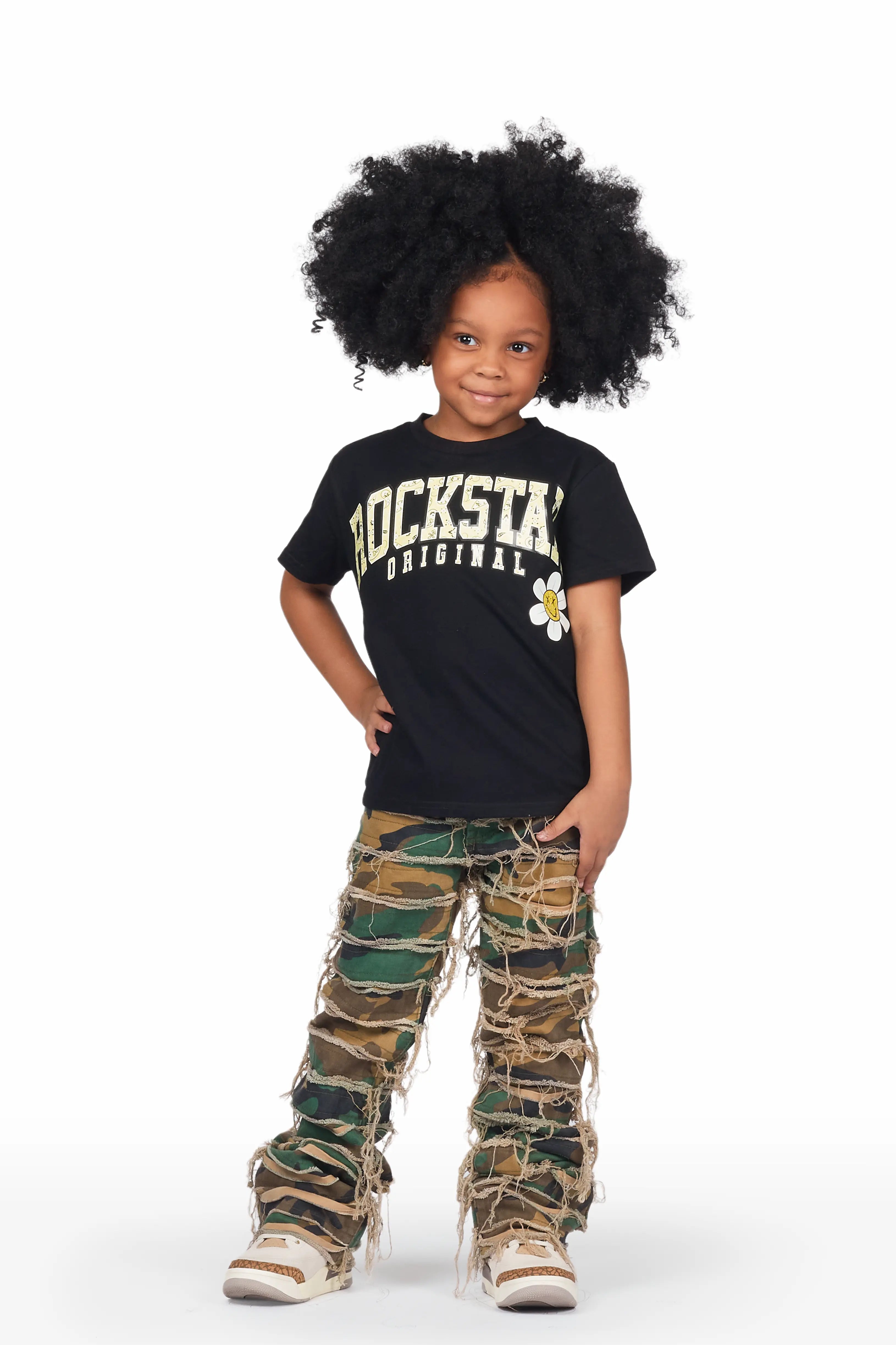 Girls Amelia Black/Camo T-Shirt/Stacked Flare Jean Set