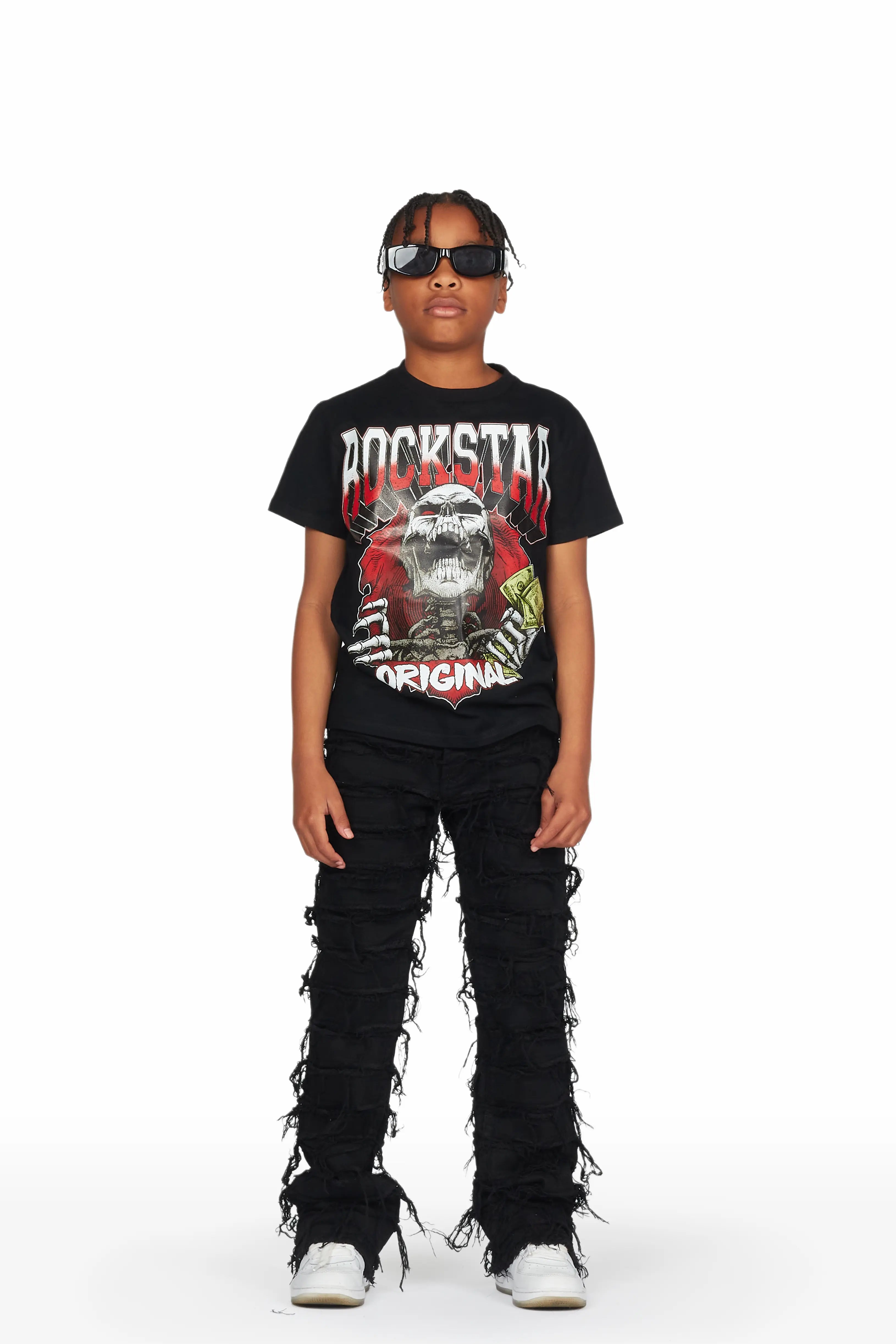 Boys Zytron Black T-Shirt/Stacked Flare Jean Set