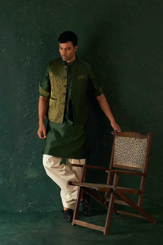 Men's Deep Green Straight Kurta Set with Jacket - Set of 3