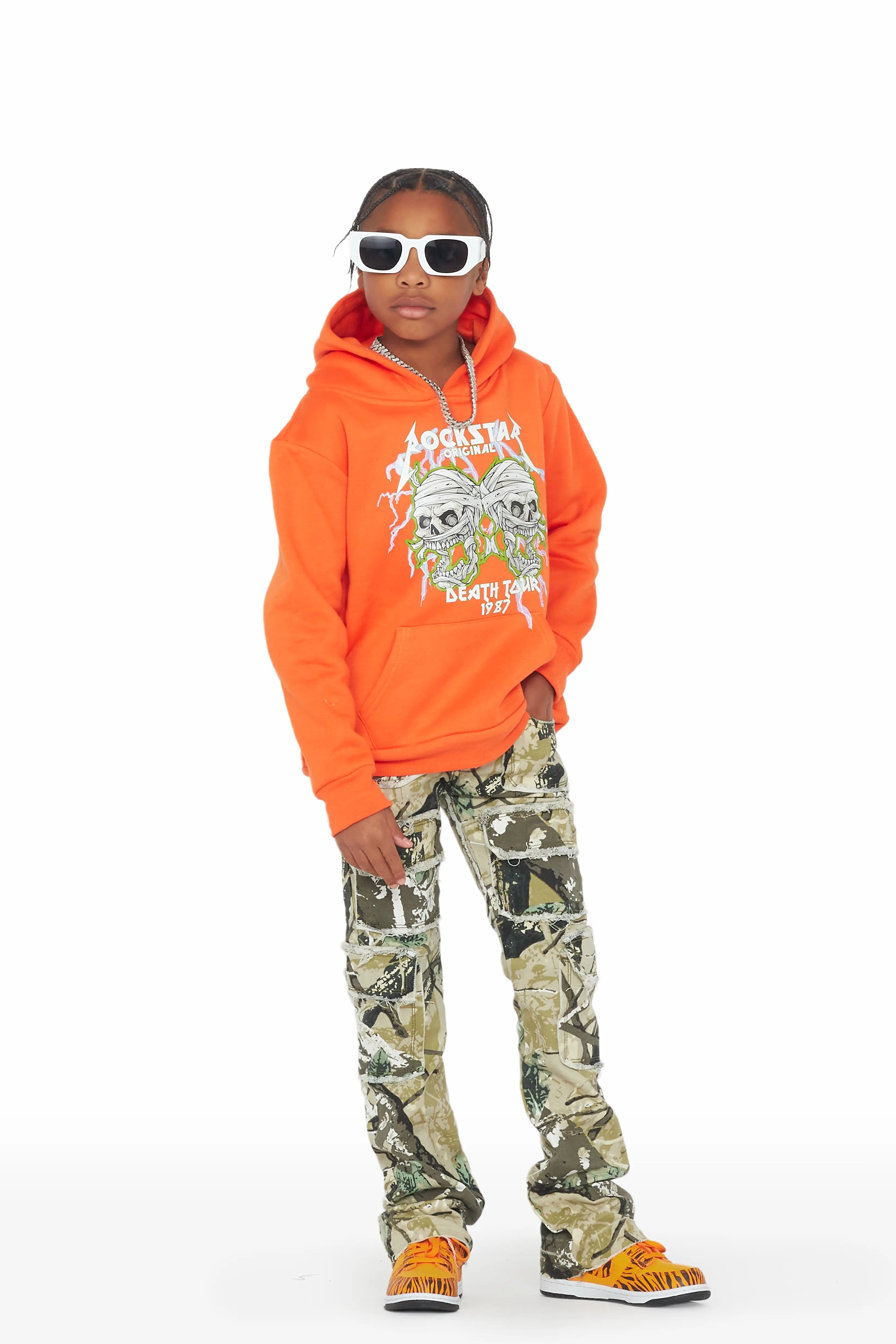 Boys Clayy Orange Hoodie/Tree Camo Stacked Flare Jean Set