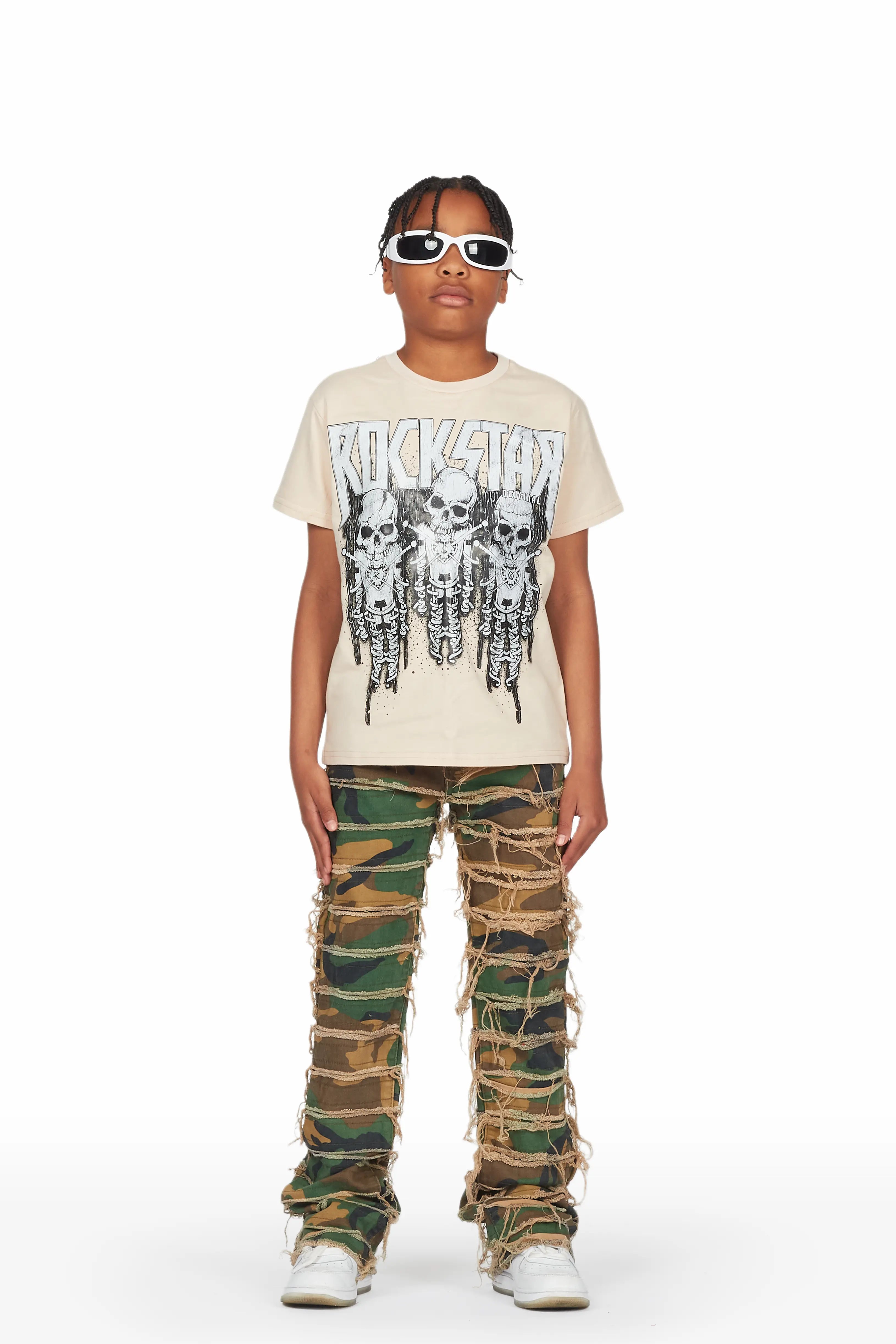 Boys Sabbath Beige/Camo T-Shirt/Stacked Flare Jean Set