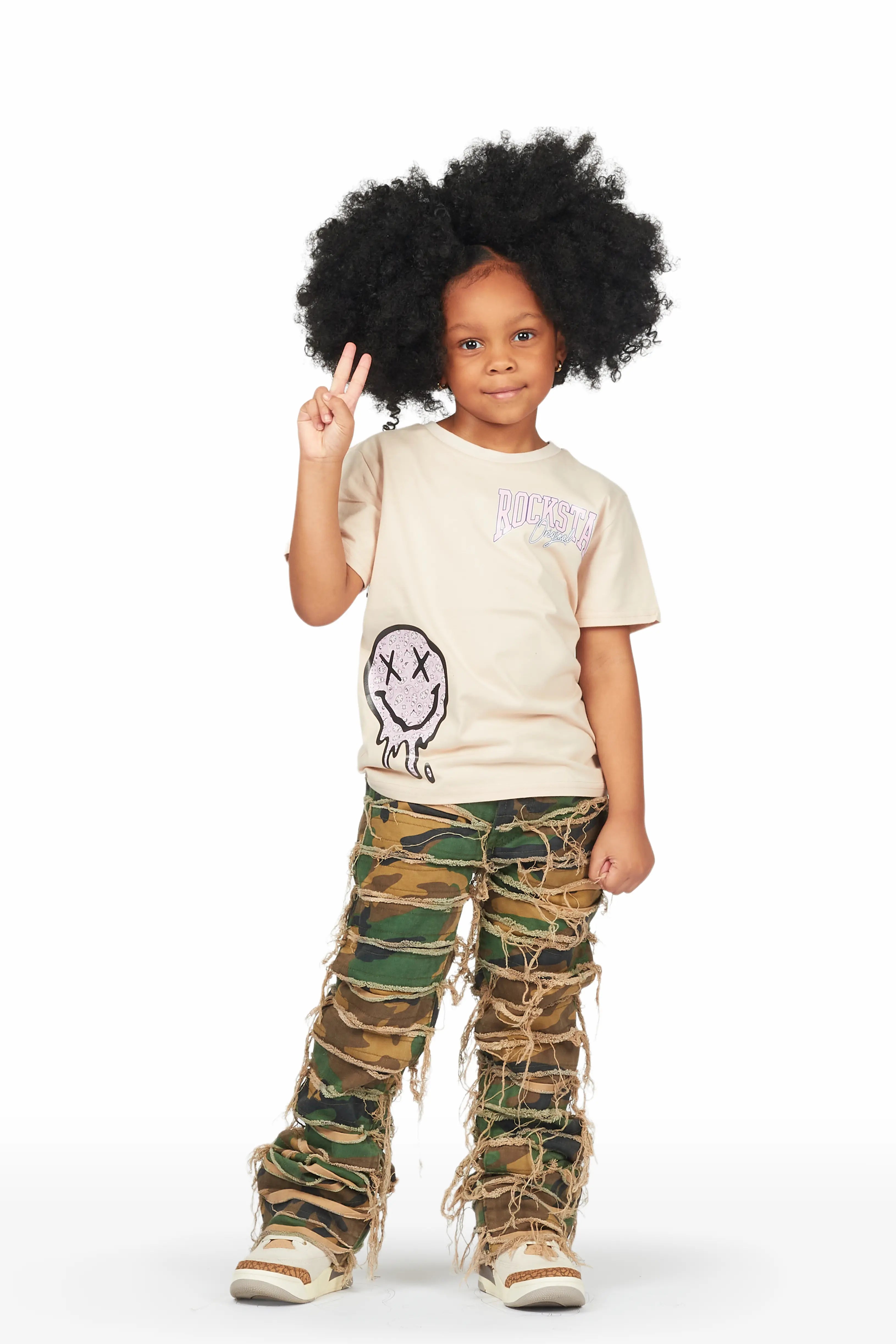 Girls Emma Beige/Camo T-Shirt/Stacked Flare Jean Set