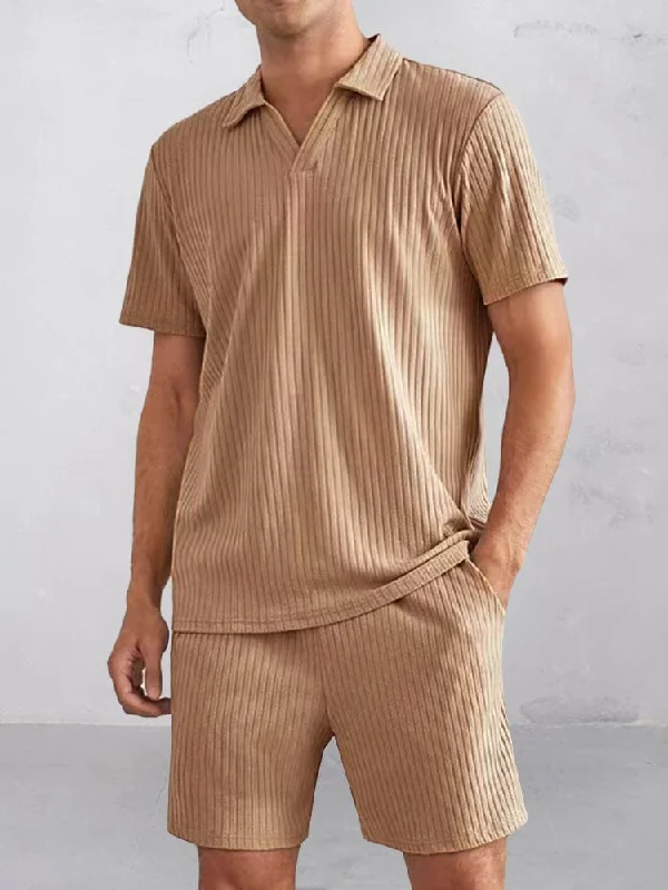 Casual Striped Textured Polo Shirt Set