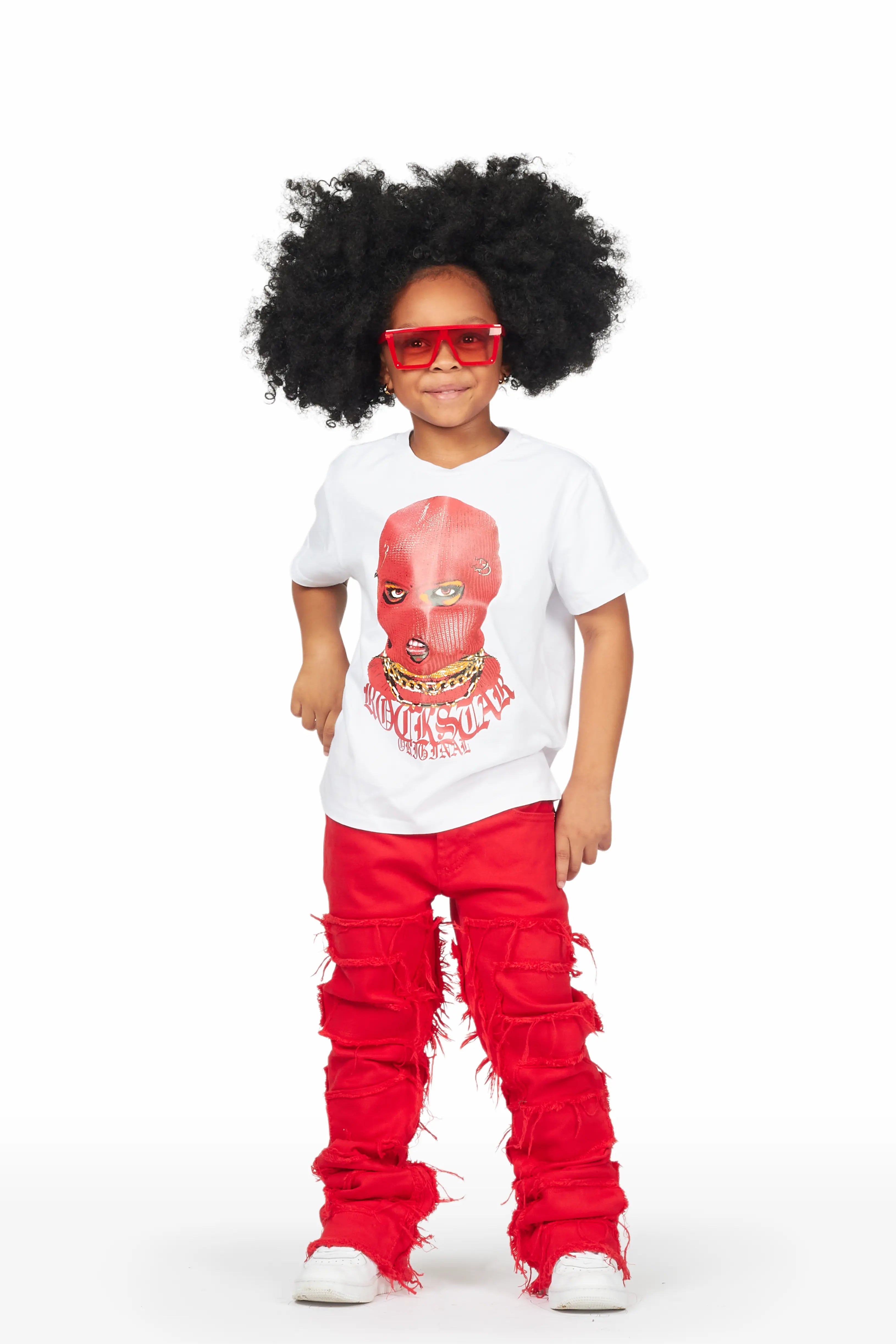 Girls Isabella White/Red T-Shirt/Stacked Flare Jean Set