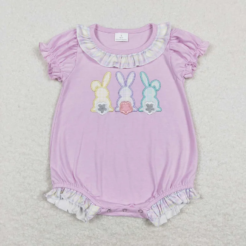 SR0499  Easter Rabbit Purple   Embroidery  Girls Short Sleeve Romper