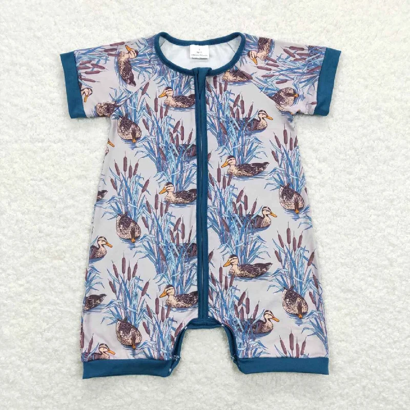 SR0802 Hunting Duck Pattern Baby boy Romper Dark blue short sleeve romper RTS 202412