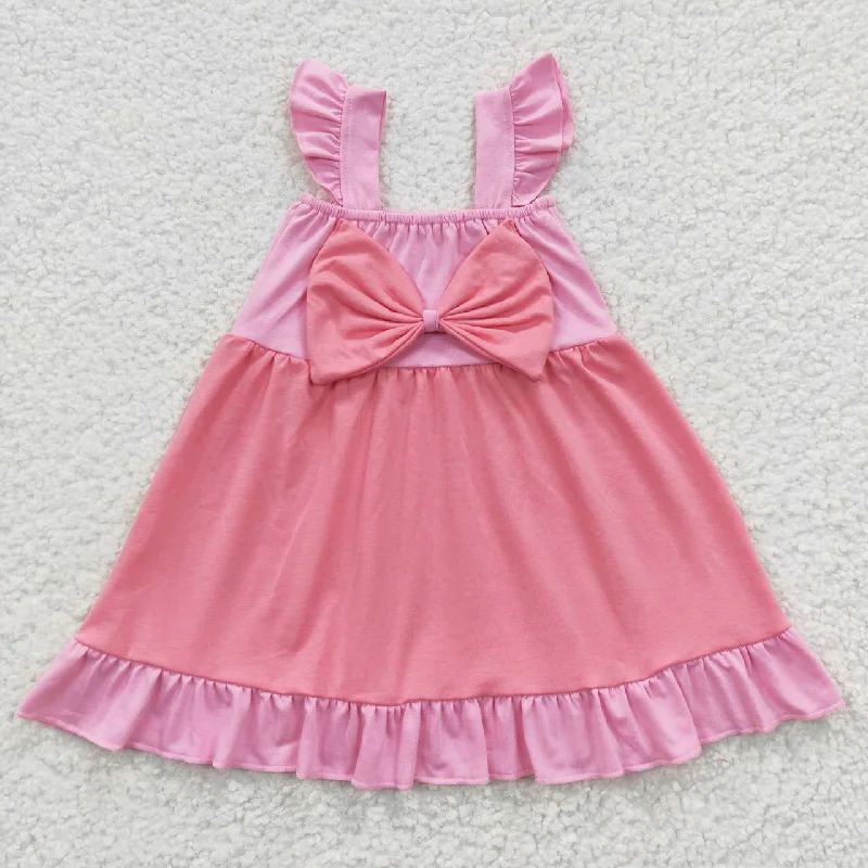 GSD0340 Pink Tutu Tulle Bow Girls Short Sleeve Dresses