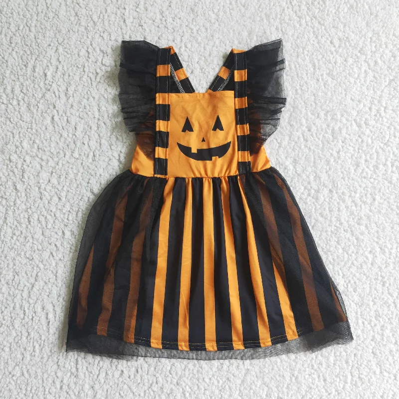 GSD0138 Halloween Pumpkin Orange Stripes Black Tutu Tulle Girls Short Sleeve Dresses