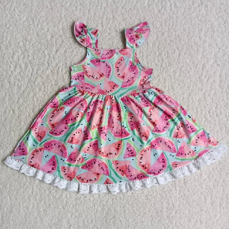 Clearance A9-10 Watermelon Print Pink Lace Girls Short Sleeve Dresses