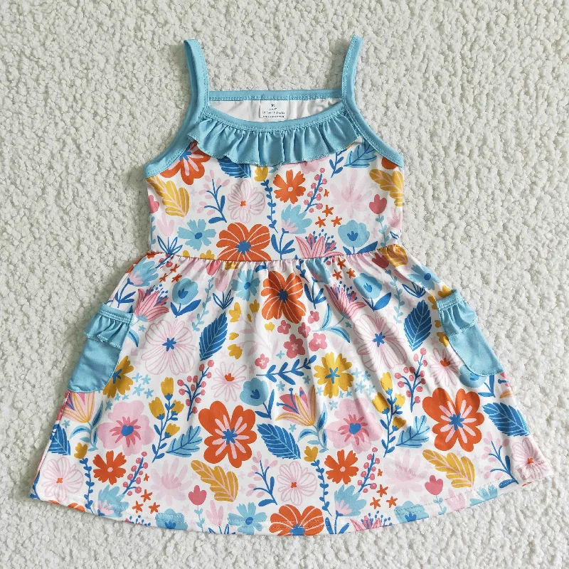 GSD0077 Blue Pink Floral Pockets Girls Sleeveless Dresses