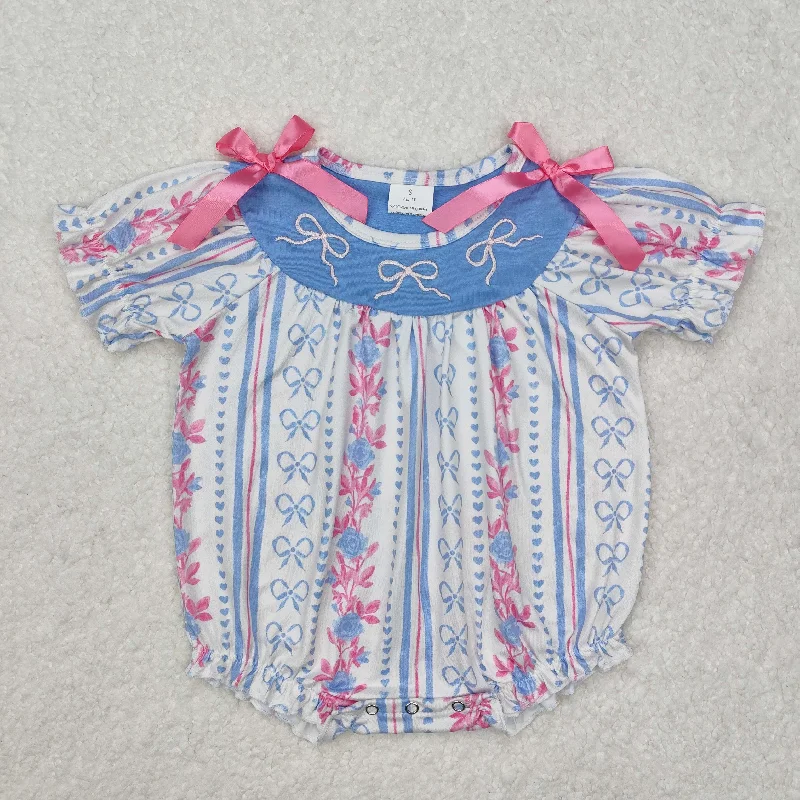 SR2131 Embroidered Bow Blue Pink Flower Short Sleeve Romper baby girls boutique nightwear outfit baby summer 2025  RTS 202501