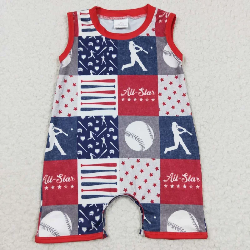 SR0356 4th Of July Red Blue All Star Softball Baseball Boys Short Sleeve Romper