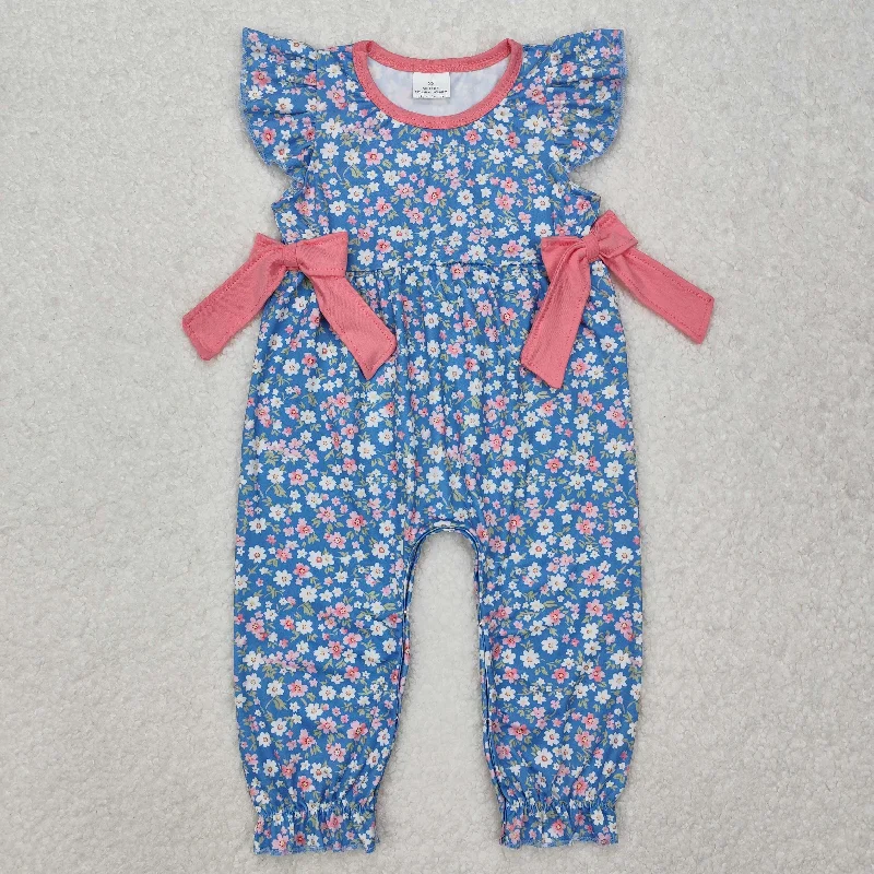 SR2166 Dark Blue Flower Pink Bow Ruffle Sleeveless Romper baby girls boutique nightwear outfit baby summer clothes RTS 202501