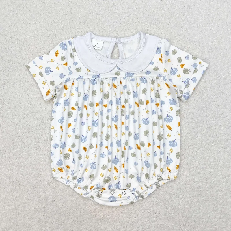 SR1698 Blue pumpkin leaf doll collar white short sleeve romper High quality baby romper for girls zipper