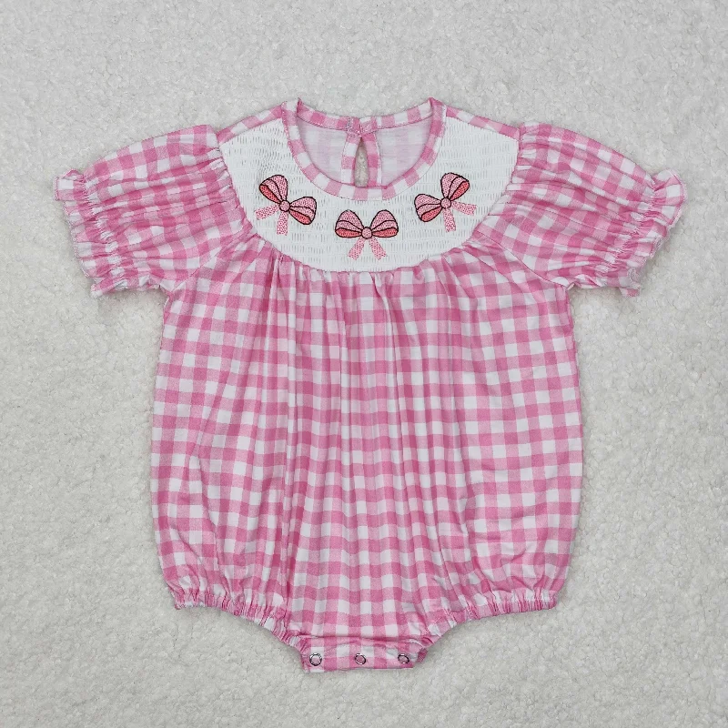 SR2325 Pink Plaid Embroidered Bow Ruffle Sleeveless Romper baby girls boutique nightwear outfit baby summer clothes RTS 202501