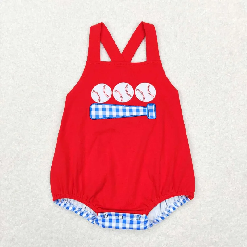 SR0687 Red Blue Softball Embroidery  Girls Short Sleeve Romper