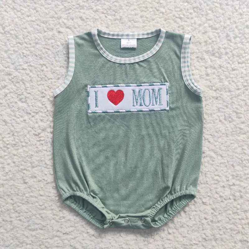 SR0238  Green Plaid I Love Mom Embroidery Boys Short Sleeve Romper