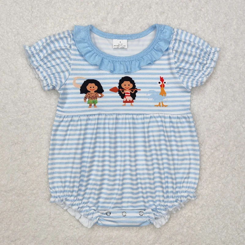 SR2419  Easter Boutique Outfit Blue Ruffle Striped Short Sleeve Romper baby girl nightwear outfit RTS 202412