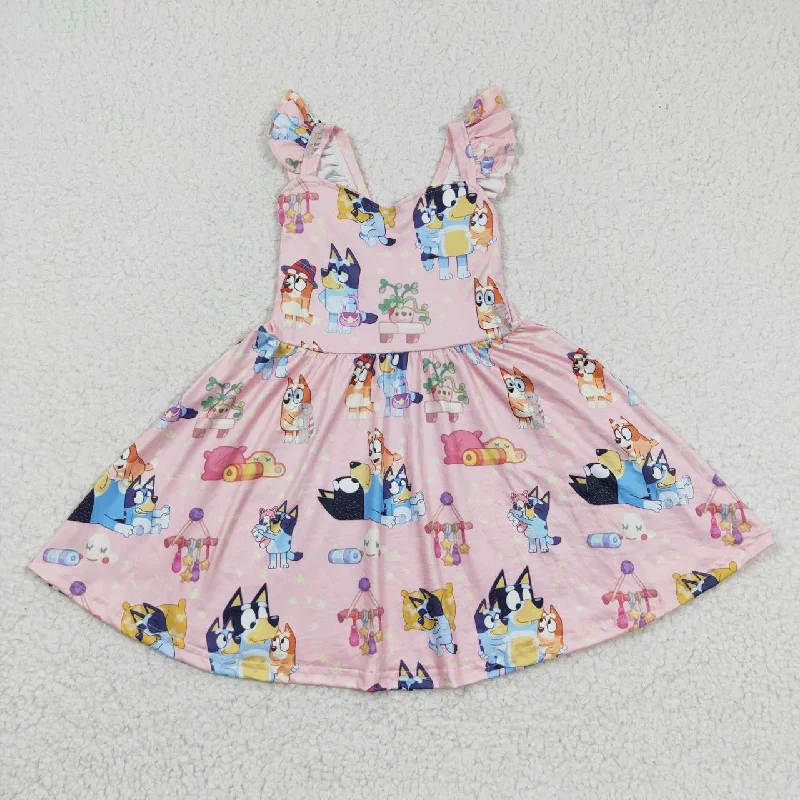 GSD0422 Blue Pink Dog Cartoon Girls Flutter Sleeve Dresses