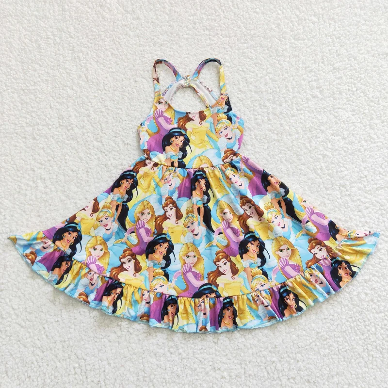 GSD0282 Pink Princess Yellow Blue Cartoon Girls Sleeveless Dresses