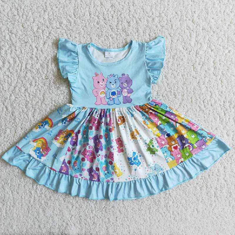 Clearance D9-18 Blue Flutter Bear Cartoon Twirl Patchwork Girls Short Sleeve Dresses