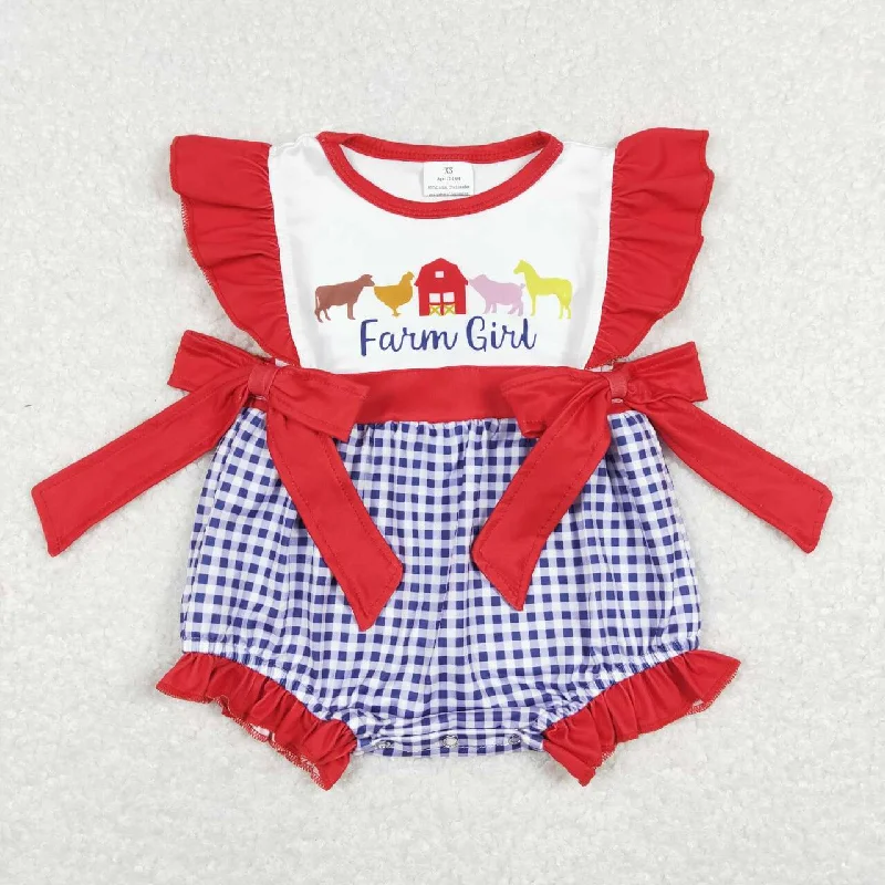 SR0696 Red Blue Softball  Embroidery  Girls Short Sleeve Romper