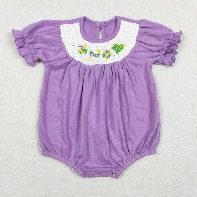 SR0472 Mardi Gras Purple Green  Embroidery  Girls Short Sleeve Romper