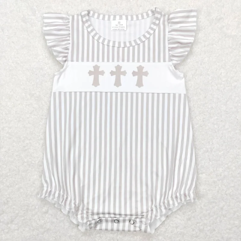 SR0617 Easter Cross Grey Girls Short Sleeve Romper