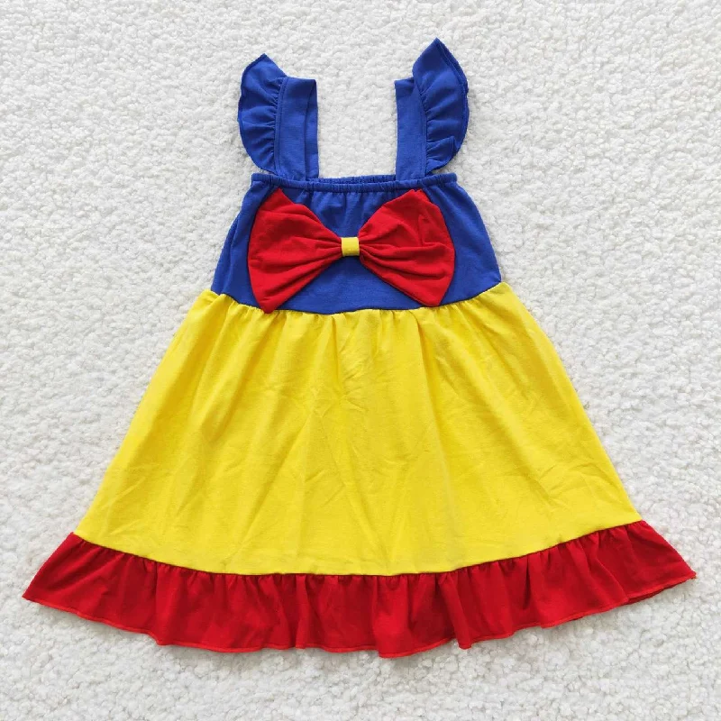 GSD0343 Red Yellow Blue Bow Girls Short Sleeve Dresses