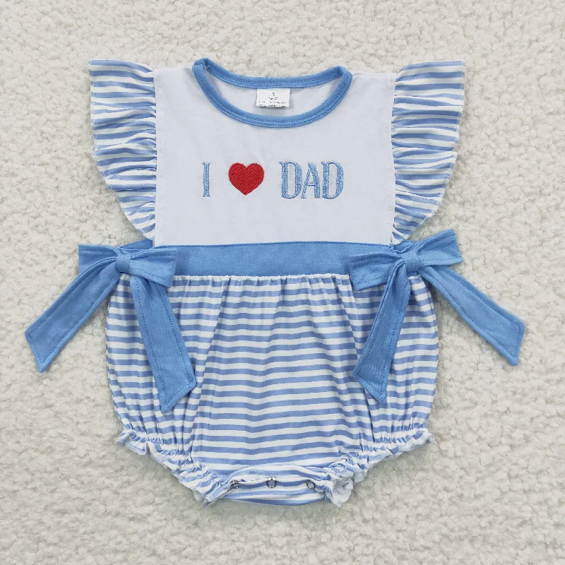 SR0235  Blue Plaid I Love Dad Embroidery Girls Short Sleeve Romper