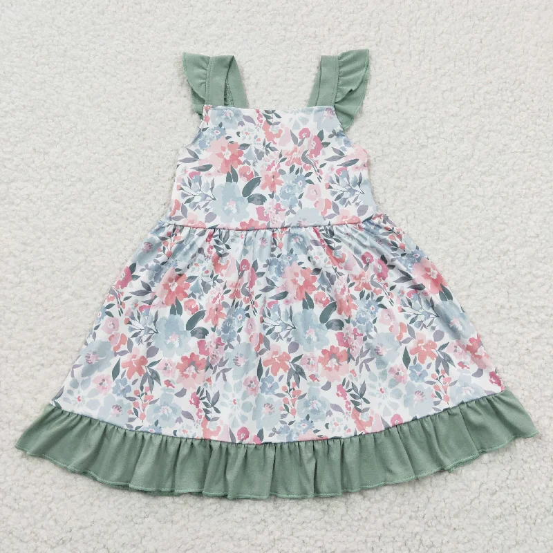 GSD0319 Green Pink Floral Girls Short Sleeve Dresses