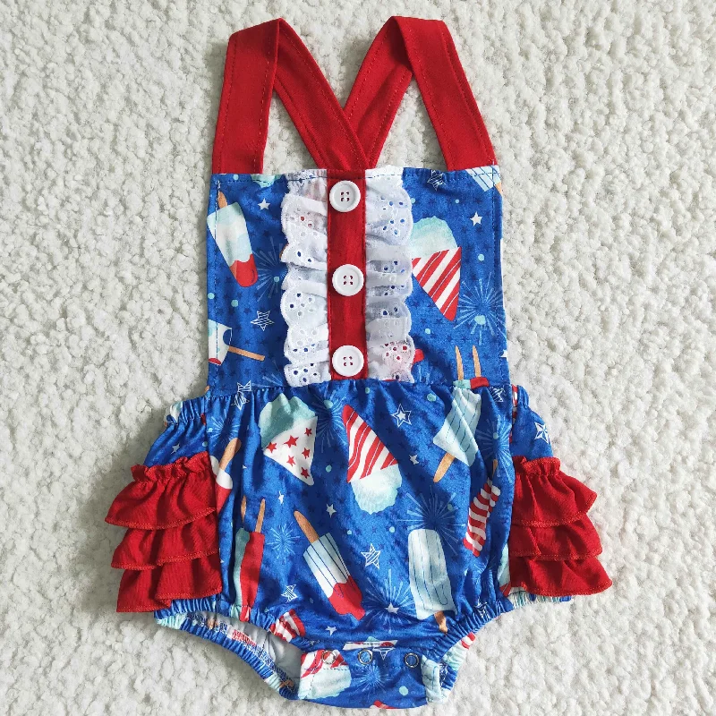 SR0015 4th Of July Red Blue Ice Cream Girls Sleeveless Romper