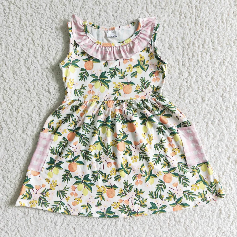 GSD0062 Lemon Fruits Floral Pink Plaid Pocket Girls Sleeveless Dresses