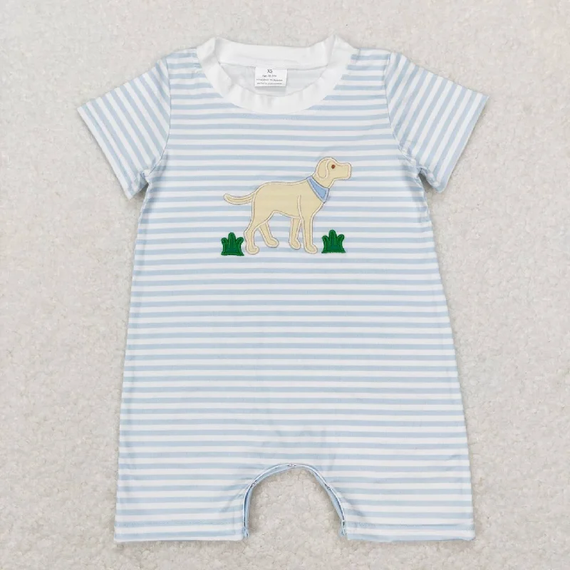 SR0526  Blue Dog Embroidery  Girls Short Sleeve Romper