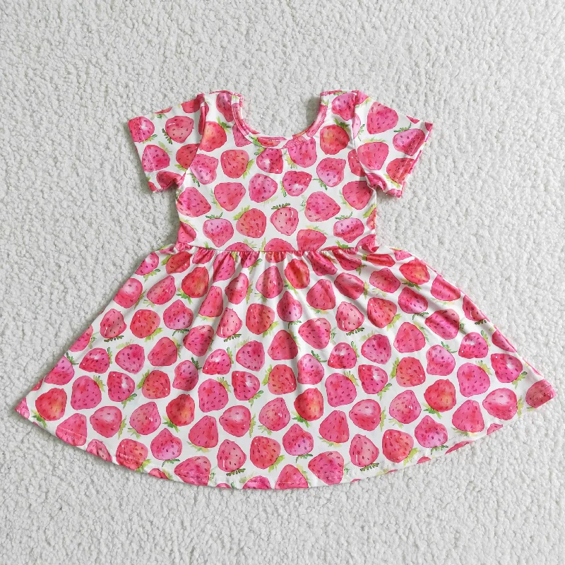 GSD0007 Red Pink Strawberry Girls Short Sleeve Dresses