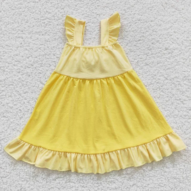 GSD0342 Yellow Tutu Tulle Bow Girls Short Sleeve Dresses