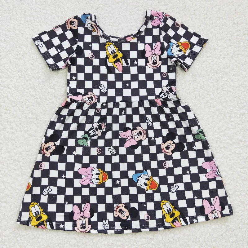 promotion GSD0235 Black Bleach Plaid Duck M Cartoon  Girls Short Sleeve Dresses