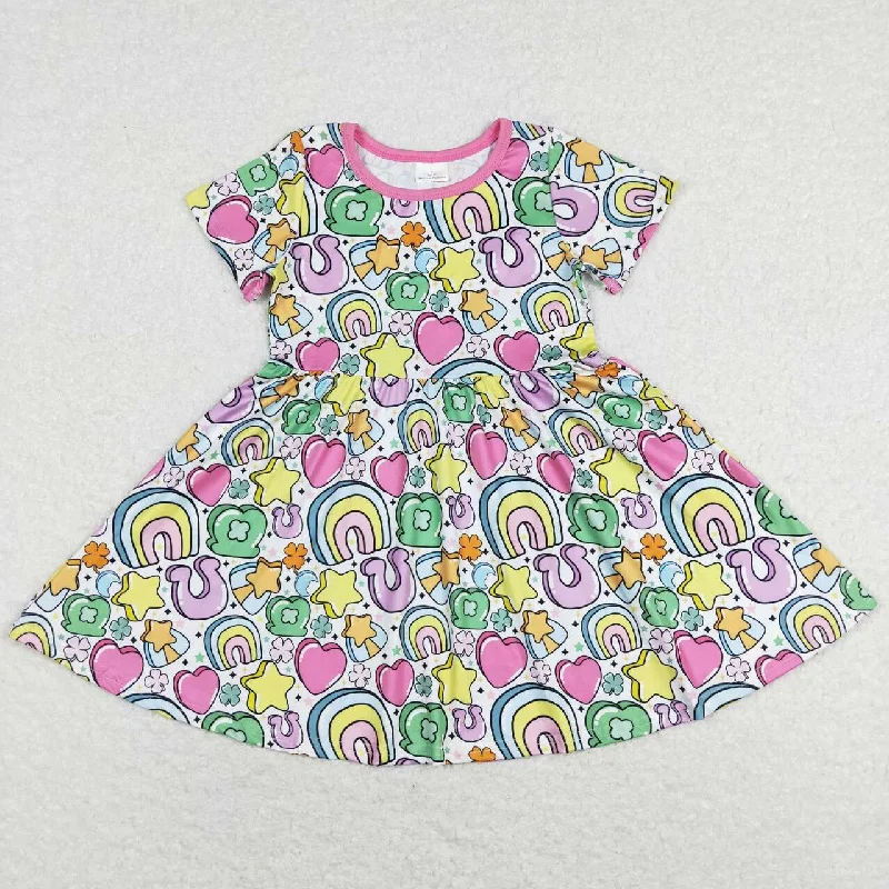 GSD0537  St. Patrick Clover Rainbow Pink Girls Short Sleeve Dresses