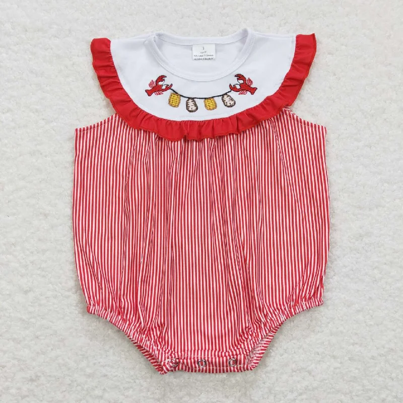 SR0741  Red Crayfish  Embroidery  Girls Short Sleeve Romper