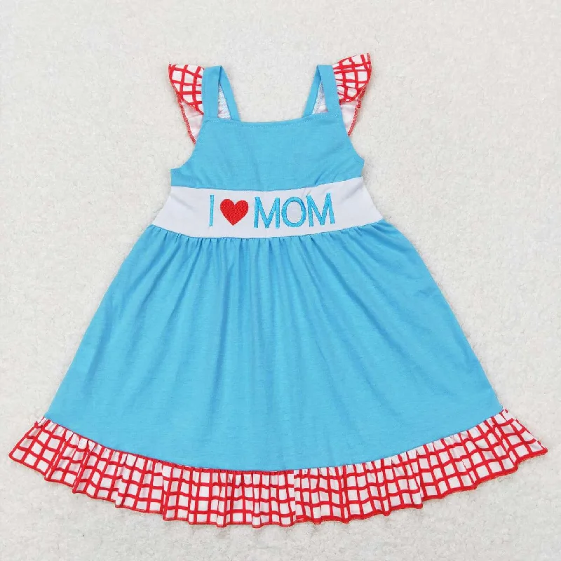 GSD0594 Valentine I Love Mom red blue  Embroidery Girls Flutter Sleeve Dresses