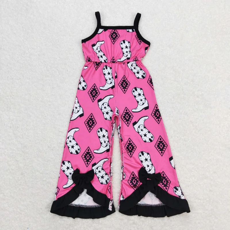 SR1238 Black Rose Red Boots Sleeveless Romper Cow Girls Boutique Overall Jumpsuit RTS 202501