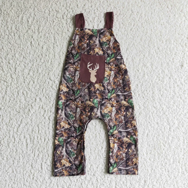 SR0099 Christmas Deer Brown Leaf Leaves Camo Boys Short Sleeve Romper