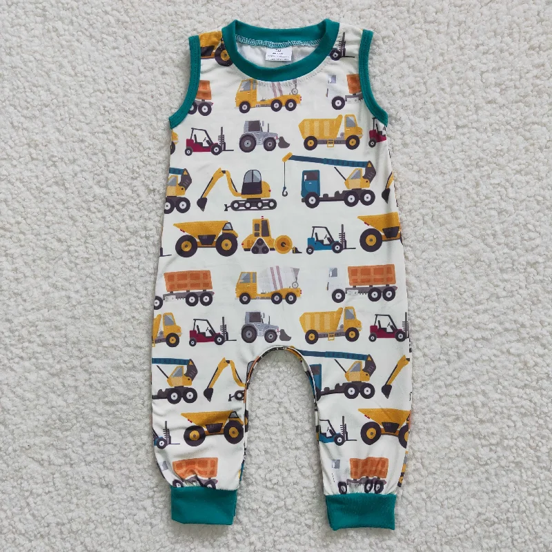 SR0197 Blue Yellow Truck Boys Short Sleeve Romper